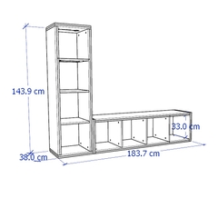 FELIX, COMBO Kệ TV kết hợp kệ sách, trưng bày chữ L SHE_044, 184x38x144cm
