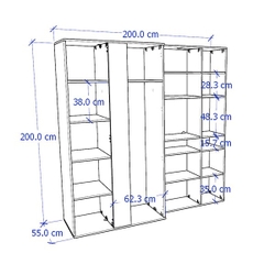 SOSIA, COMBO Tủ quần áo kèm kệ sách, trưng bày đồ dùng WAR_032, 200x55x200cm