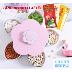 (TẶNG 10 BAO LÌ XÌ) Hộp mứt 2 Tầng đựng bánh kẹo Tết, Khay mứt xoay hình hoa có khe để điện thoại tiện dụng