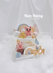 [MS243] Bánh nặn Fondant Heo dễ thương mắt hý ngồi giỏ, decor cầu vồng màu pastel