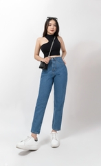 Quần Baggy Jeans Nữ AIORI Lưng Cao Màu Xanh Đậm Trơn Hàng Cao Cấp, Mã B020_XD