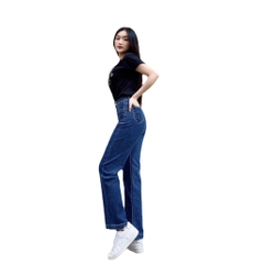 Quần Jeans Nữ AIORI Ống Suông Đứng Nắp Túi Dáng Dài Xanh Đậm Co Giãn Mềm Mịn E002_XD