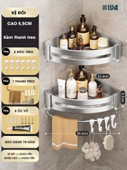 Kệ góc nhôm hàng không KIVA màu bạc, kệ để đồ nhà tắm lắp đặt dán tường, khoan tường