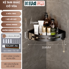 Kệ góc phòng tắm để đồ dán tường KIVA màu xám, chất liệu nhôm hàng không, lắp đặt dán tường và khoan tường.