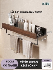 Kệ để đồ nhà tắm, phòng tắm KIVA chất liệu gỗ óc chó, lắp đặt 2 cách, dán tường hoặc khoan tường.