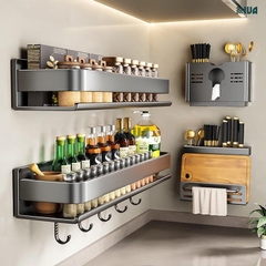 Kệ gia vị nhà bếp đa năng KIVA màu xám, chất liệu thép Carbon, lắp đặt dán tường, khoan tường