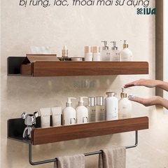 Kệ để đồ nhà tắm, phòng tắm KIVA chất liệu gỗ óc chó, lắp đặt 2 cách, dán tường hoặc khoan tường.