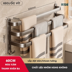 Thanh treo khăn nhà tắm màu xám KIVA chất liệu nhôm hàng không cao cấp, lắp đặt không cần khoan.