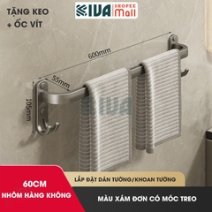 Thanh treo khăn nhà tắm màu xám KIVA chất liệu nhôm hàng không cao cấp, lắp đặt không cần khoan.