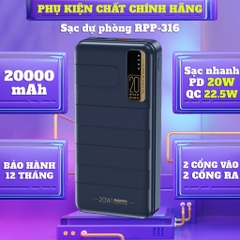 [SE234]Pin dự phòng sạc nhanh Remax RPP-316 20000mAh QC3.0 PD max 22.5W 1 cổng USB và 1 cổng Type C