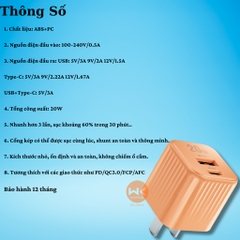 [SE99]Củ Sạc Nhanh 2 Cổng WEKOME WP-U129 Sạc Chân Type C 20W và Chân Qc 3.0 18W