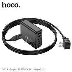[SE210] HOCO C133 CỐC 3A+3C 75W(PD/QC/FCP/AFC) DÂY AC DÀI 1.5M