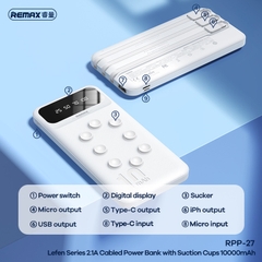 [SE157]Pin dự phòng Remax 10000mAh RPP-27 Lefen Series kèm cáp 3 đầu - tích hợp cao su hít giữ (trắng)