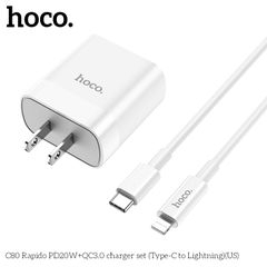 [SE90]Bộ Củ Sạc Hoco C80 Kèm Cáp Sạc type C to Lightning sạc nhanh 20W PD QC3.0