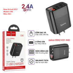 [SE55]Củ sạc Hoco C86 2 cổng USB với đèn LED hiển thị điện áp , công nghệ MỸ cắm được 5V-2.4A max 12W