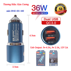 [SE55]Tẩu sạc nhanh, cóc sạc xe hơi kim cương QC30 36W 2 cổng usb quick charge 3.0