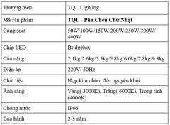 Đèn Pha Chén Chữ Nhật TQL công suất 50W/100W/150W/200W/250W/300W/400W/500W