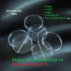 10 đĩa Petri nhựa 90mm, chia 2, 3, 4 ngăn, tiệt trùng 10 cái/túi, hãng Biosharp