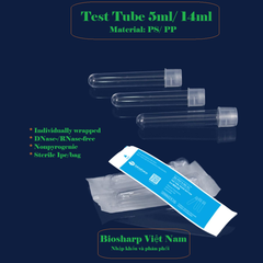 5ml-14ml- Ống nghiệm nhựa PS/ PP, đáy tròn, Không chia vạch, 1 cái/túi-Sterile, Biosharp