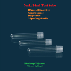 5ml-14ml- Ống nghiệm nhựa PS/ PP, đáy tròn, Không chia vạch, 25 cái/túi-Sterile, Biosharp