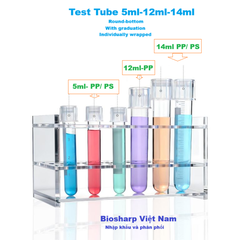 14ml- Ống nghiệm nhựa PS, đáy tròn, chia vạch, 1 cái/túi-Sterile,100 cái/hộp, Biosharp
