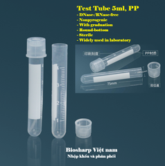 5ml/14ml- Ống nghiệm nhựa PS/ PP, đáy tròn, chia vạch, 25 cái/túi-Sterile, Biosharp