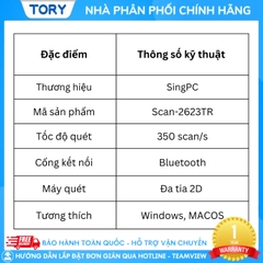 Máy quét đa tia 2D quét mã vạch, mã QR KHÔNG DÂY Bluetooth SINGPC 2623TR TẶNG CHÂN ĐẾ. Hàng chính hãng, bảo hành 12 tháng