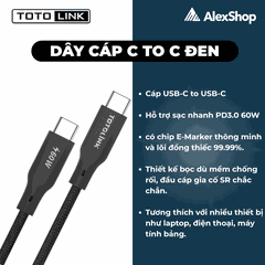 [Đen] Dây Cáp Totolink Type-C to Type-C Dài 1M Công Suất 65W