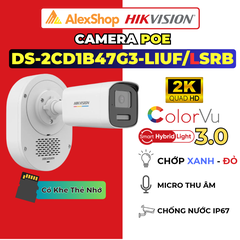 [4M] Camera POE ColorVu Hikvision DS-2CD1B47G3-LIUF/LSRB (4mm), Thân, LOA CẢNH BÁO, Chớp Xanh Đỏ, Màu Đêm, Chóng Báo Động Giả, Micro, Chóng Thời Tiết IP67, Hỗ Trợ Thẻ Nhớ