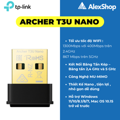 [1300M] Thiết Bị Thu WiFi Archer T3U Nano, USB Wifi Nhỏ Gọn, Băng Tần Kép AC1300
