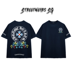 Áo Thun Chrome Blue Circular Cross & Rainbow Drop Cotton Cao Cấp Form Rộng Unisex - Streetwears SG - CH69