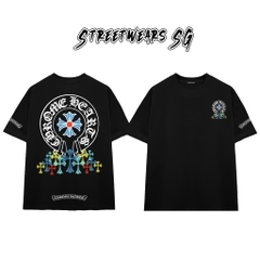 Áo Thun Chrome Blue Circular Cross & Rainbow Drop Cotton Cao Cấp Form Rộng Unisex - Streetwears SG - CH69