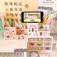 ( KÈM  STICKER ) Ống cắm bút 3 ngăn hình chữ nhật 10*15*7.4cm