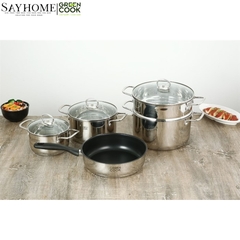 Bộ nồi chảo inox Green Cook GCS241 5 đáy nắp kính - Hàng chính hãng