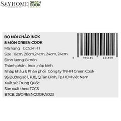 Bộ nồi chảo inox Green Cook GCS241 5 đáy nắp kính - Hàng chính hãng