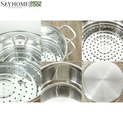 Bộ nồi chảo inox Green Cook GCS241 5 đáy nắp kính - Hàng chính hãng