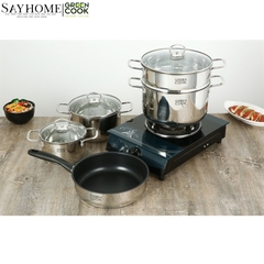 Bộ nồi chảo inox Green Cook GCS241 5 đáy nắp kính - Hàng chính hãng