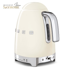 Ấm đun nước SMEG KLF04CREU 1,7 lít màu kem — góc nghiêng và bảng điều khiển nhiệt