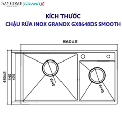 Chậu rửa chén bát 2 hố inox 304 GRANDX GX8648DS SMOOTH 86cm - Chính hãng