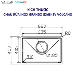 Chậu rửa chén bát 1 hố inox 304 GRANDX GX6845V VOLCANO 68cm - Chính hãng
