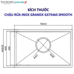 Chậu rửa chén bát 1 hố inox 304 GRANDX GX7046S SMOOTH  78cm - Chính hãng