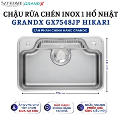 Chậu rửa chén bát 1 hố inox 304 GRANDX GX7548JP HIKARI 75cm - Chính hãng