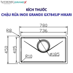 Chậu rửa chén bát 1 hố inox 304 GRANDX GX7845JP HIKARI 78cm - Chính hãng