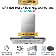 Máy hút mùi GrandX GX H70T78B/ GX H90T78B kính toa, áp tường, màu đen - Hàng chính hãng