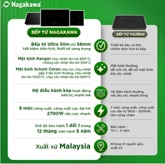 Bếp đôi điện từ Nagakawa NK2C28M UltraSlim - Made in Malaysia - Bảo hành 5 năm