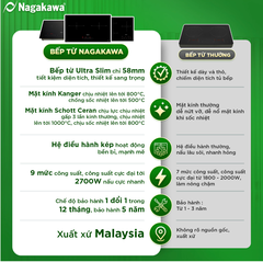 Bếp đôi điện từ Nagakawa UltraSlim NK2C25M- Made in Malaysia - Bảo hành 5 năm