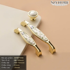 Tay nắm tủ tân cổ điển Vintage màu vàng gold mặt sứ trắng hoa văn SH18TV09 tại thành phố Hồ Chí Minh
