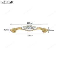 Tay nắm tủ tân cổ điển Vintage màu vàng gold mặt sứ trắng có hoa văn SH5807