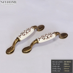 Tay nắm tủ tân cổ điển màu đồng mặt sứ trắng SH9003