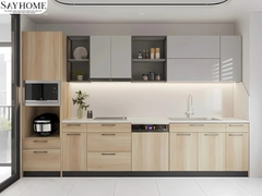 Mẫu tủ bếp SAYHOME chữ I phối cánh màu xám và vân gỗ, bố trí thiết bị đồng bộ